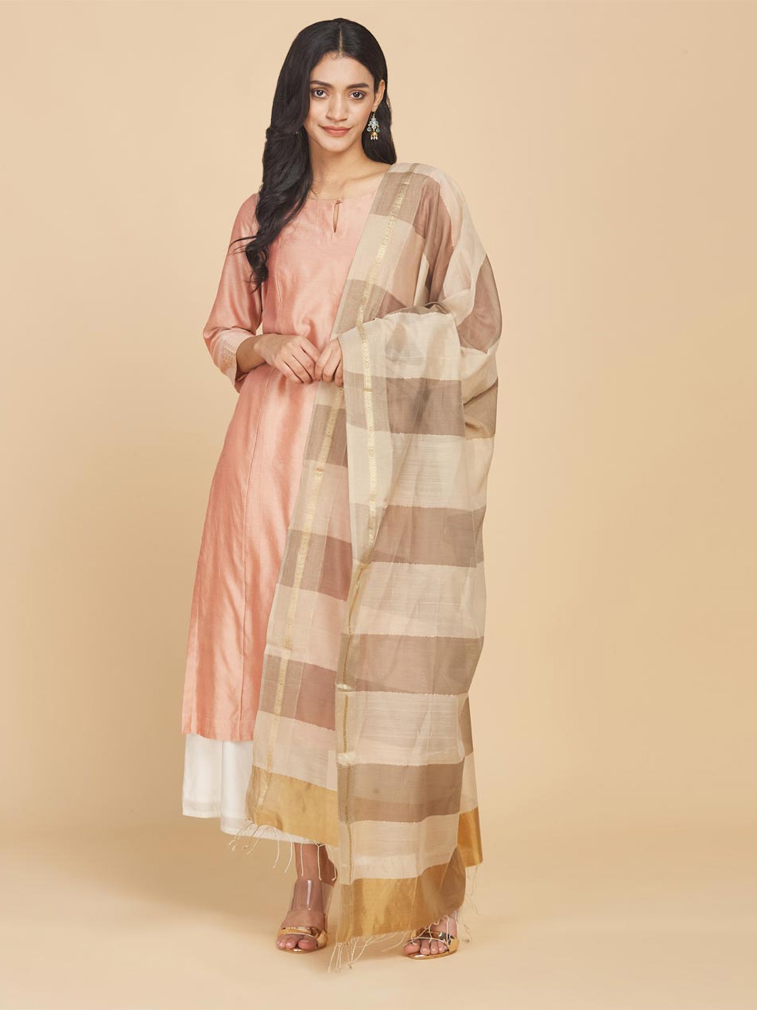 

Fabindia Woven Design Cotton Silk Dupatta with Zari, Beige