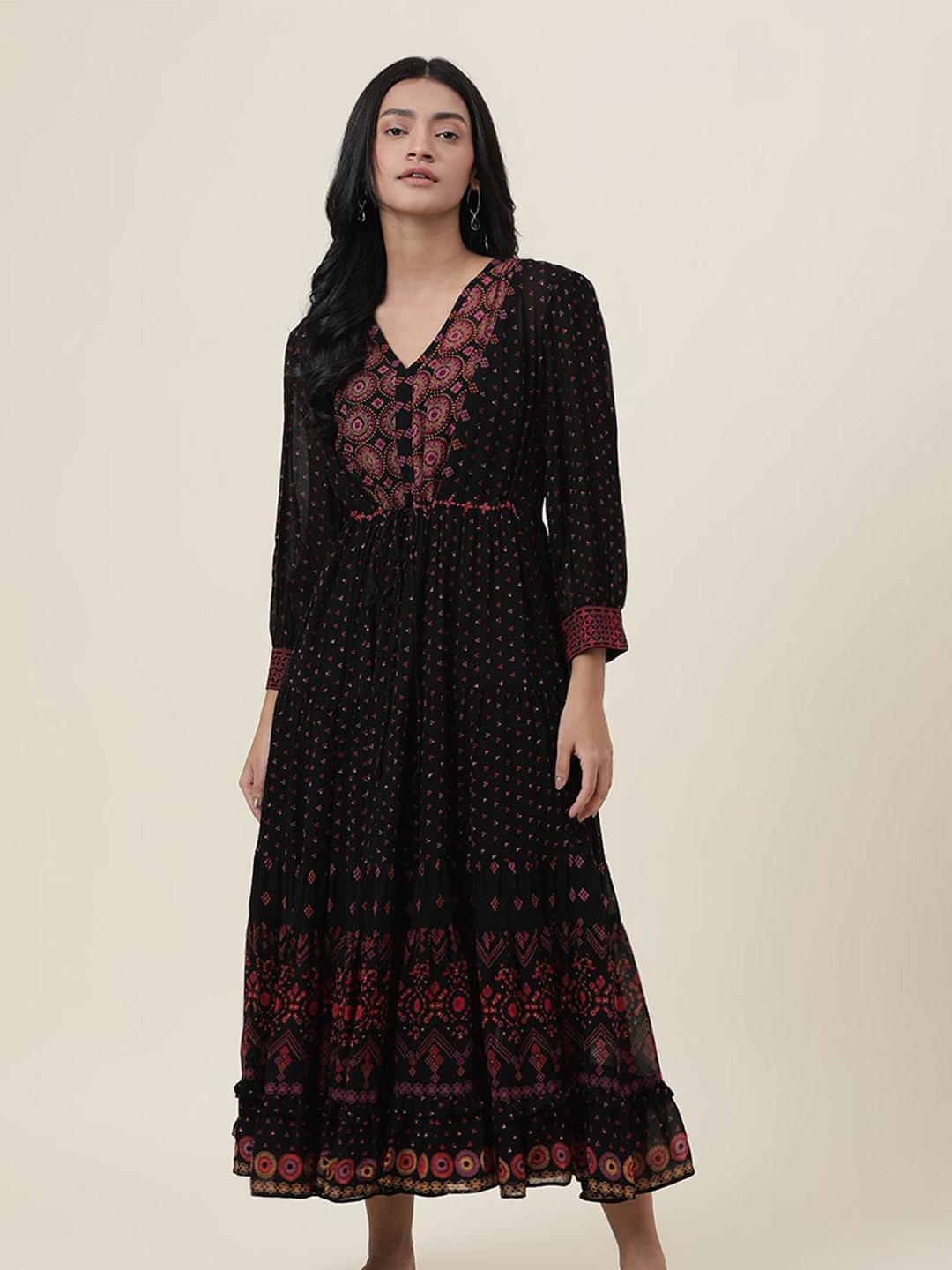 

Fabindia Ethnic Motifs Printed Ethnic A-Line Dress, Black