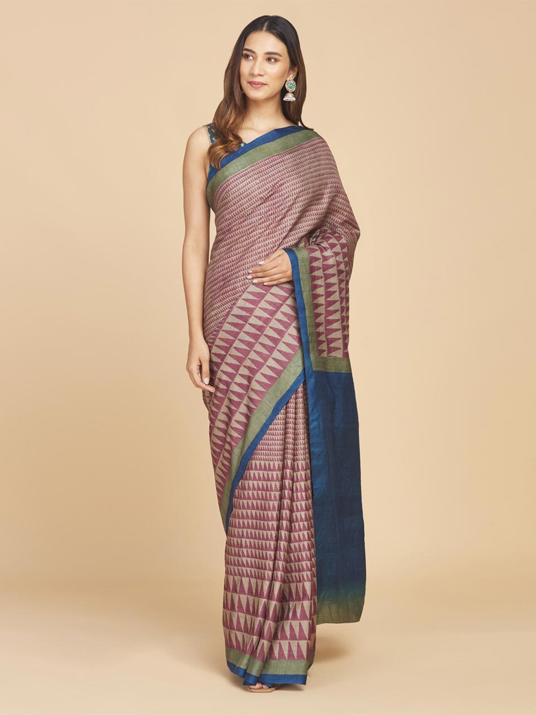 

Fabindia Geometric Printed Pure Silk Saree, Beige