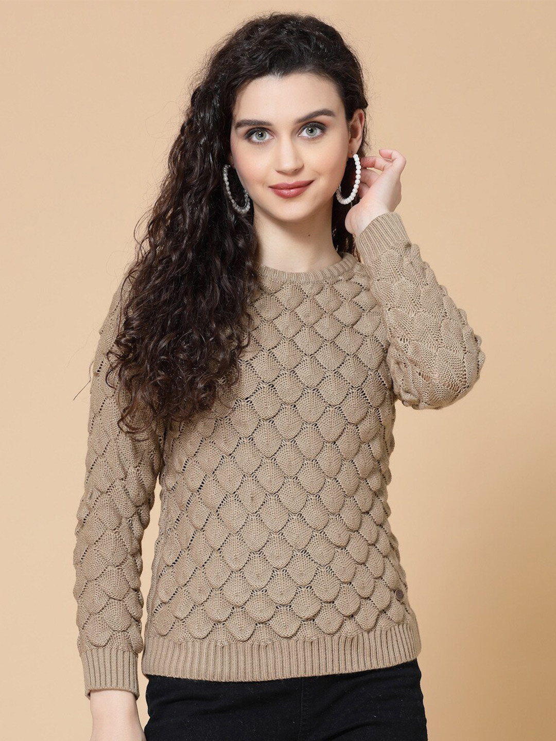 

Wool Trees Women Acrylic Pullover Sweater, Camel brown