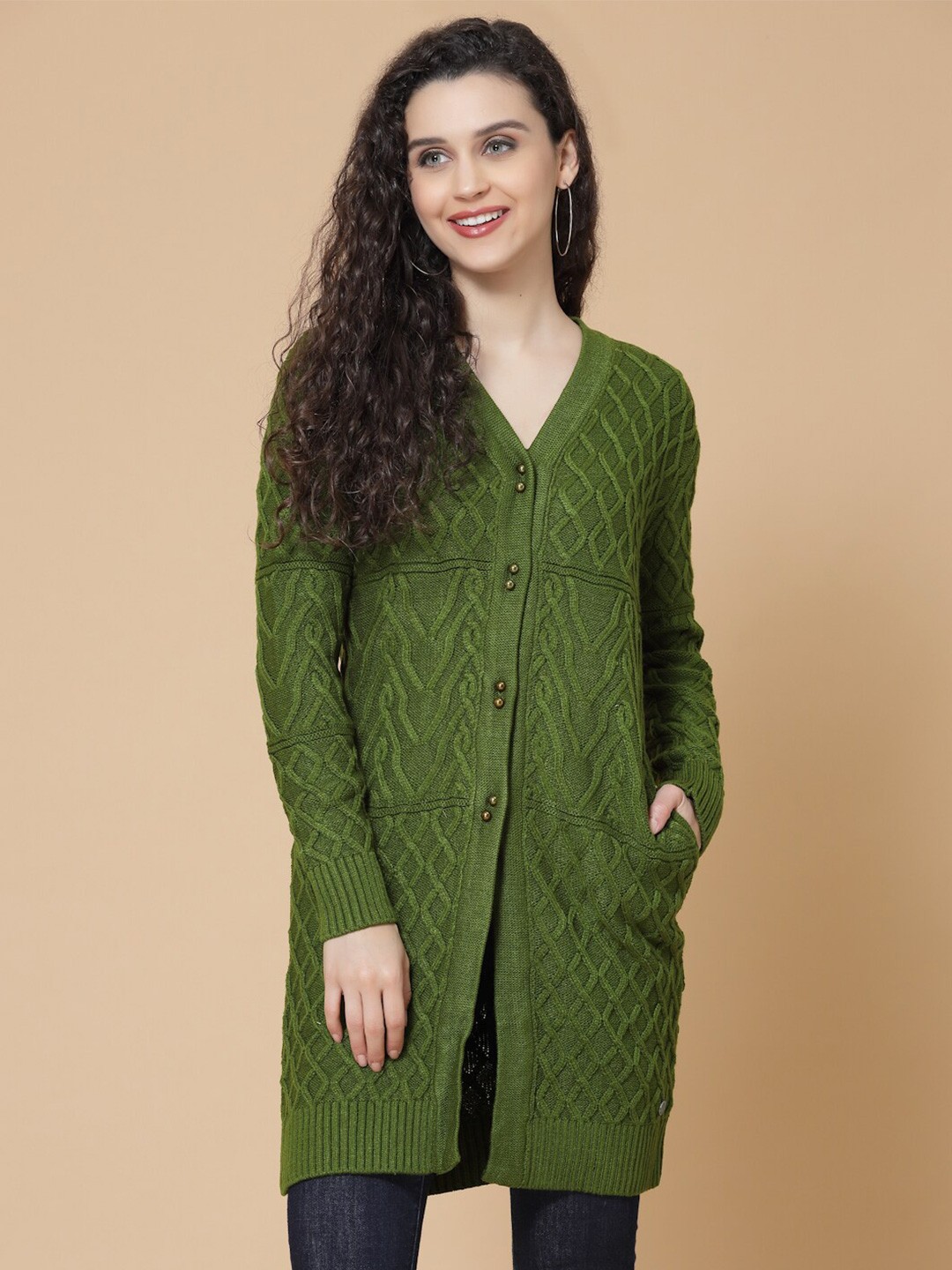 

Wool Trees Women Cable Knit Acrylic Longline Cardigan Sweater, Green