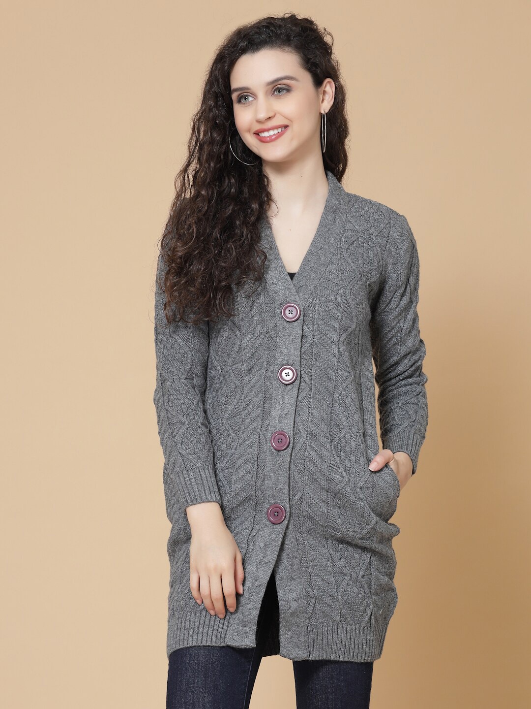 

Wool Trees Women Cable Knit Acrylic Cardigan Sweater, Grey