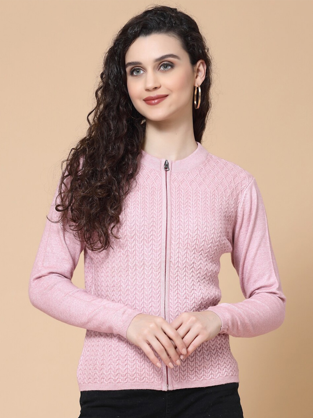 

Wool Trees Women Cable Knit Acrylic Cardigan Sweater, Pink