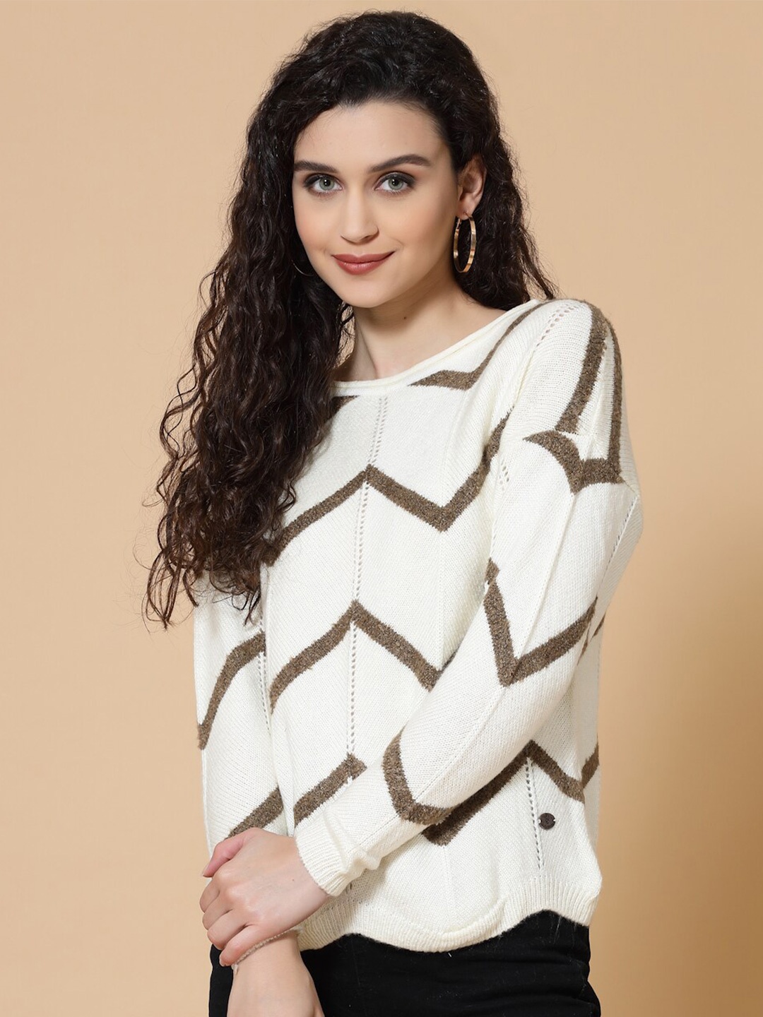 

Wool Trees Women Geometric Acrylic Pullover, Off white