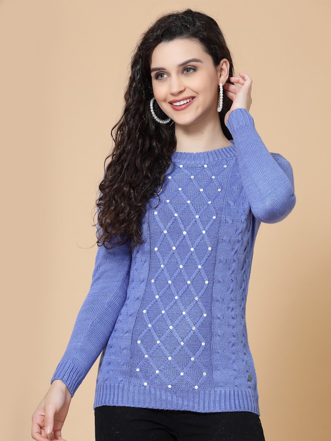 

Wool Trees Women Embellished Cable Knit Acrylic Pullover, Blue