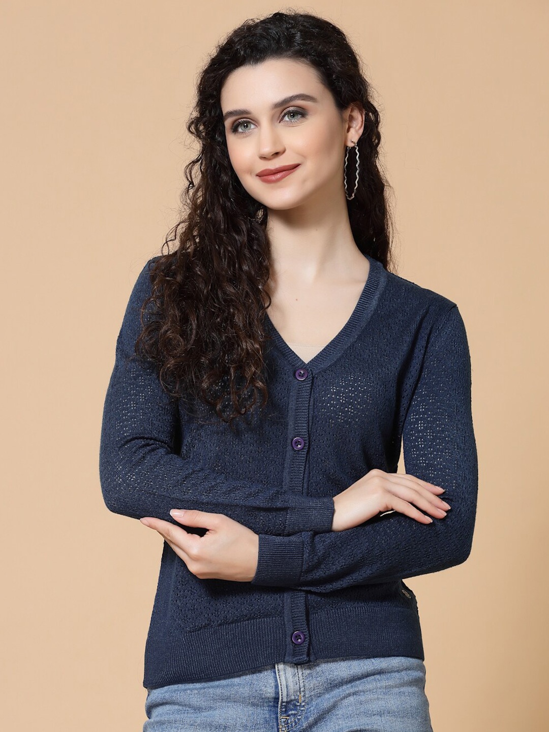 

Wool Trees Women V-Neck Acrylic Cardigan, Blue