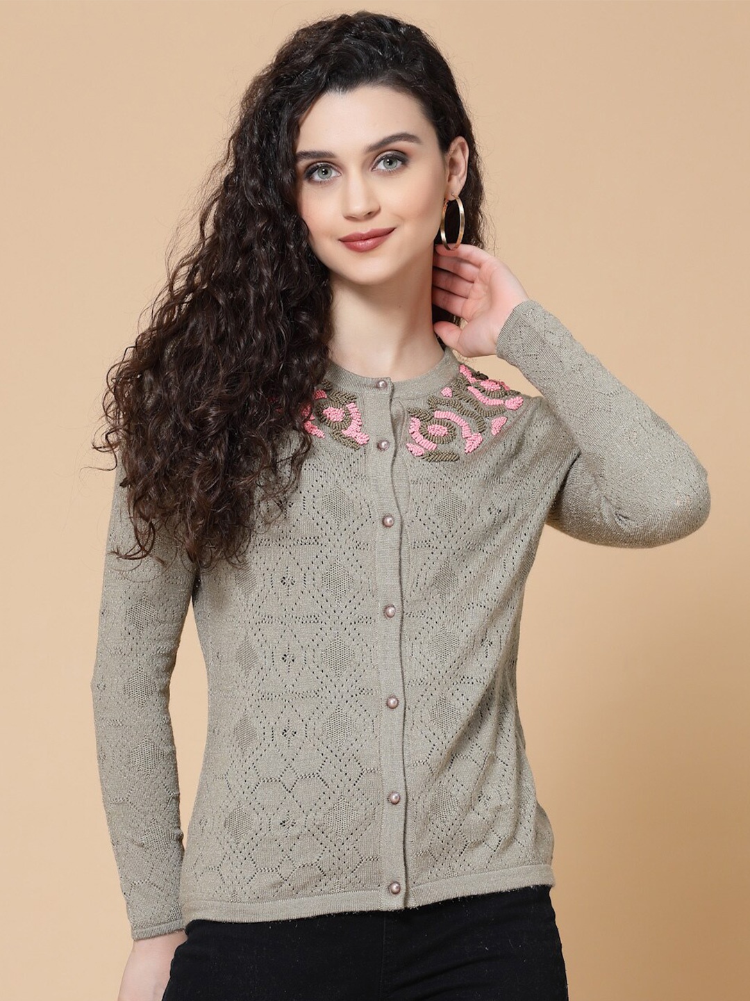 

Wool Trees Women Embellished Acrylic Cardigan, Camel brown