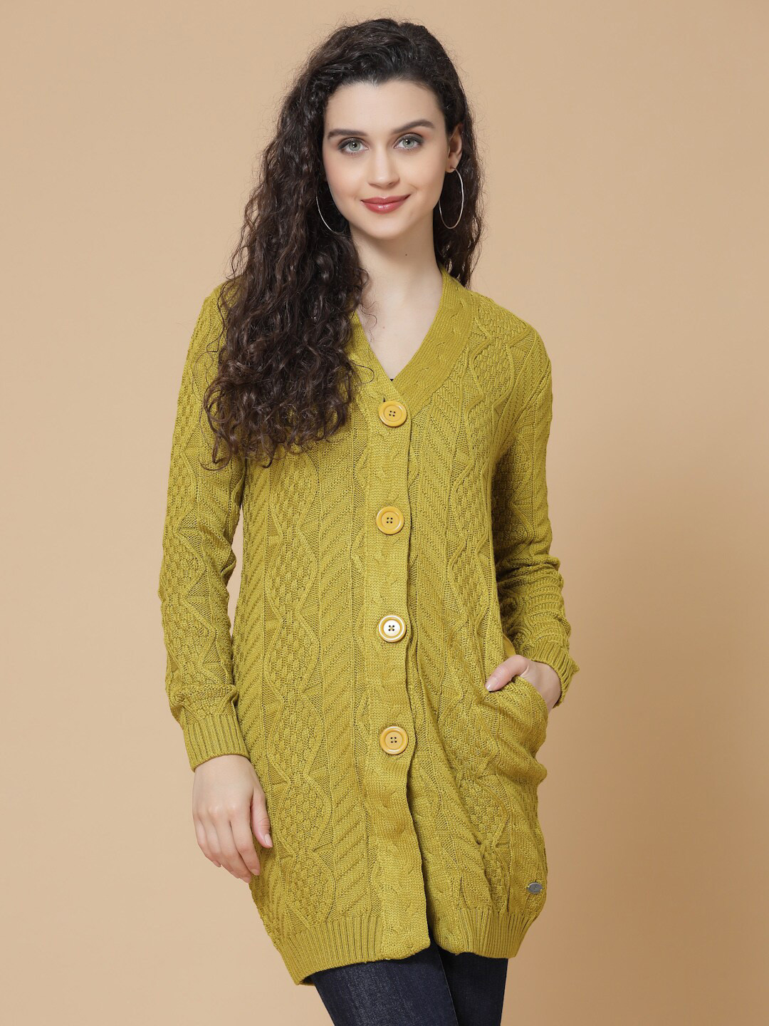 

Wool Trees Women Cable Knit Acrylic Longline Cardigan, Mustard
