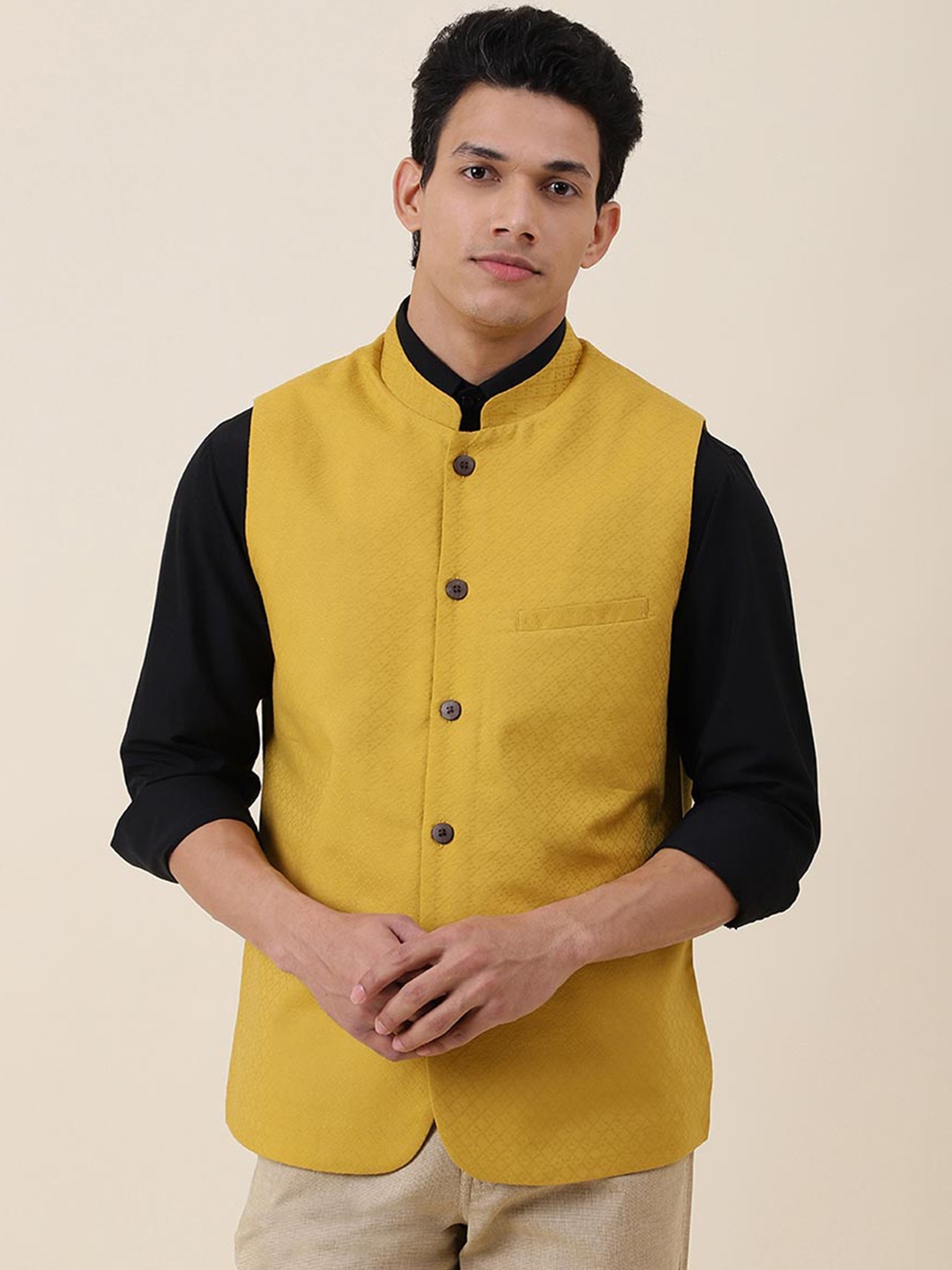 

Fabindia Men Woven Design Cotton Nehru Jackets, Yellow