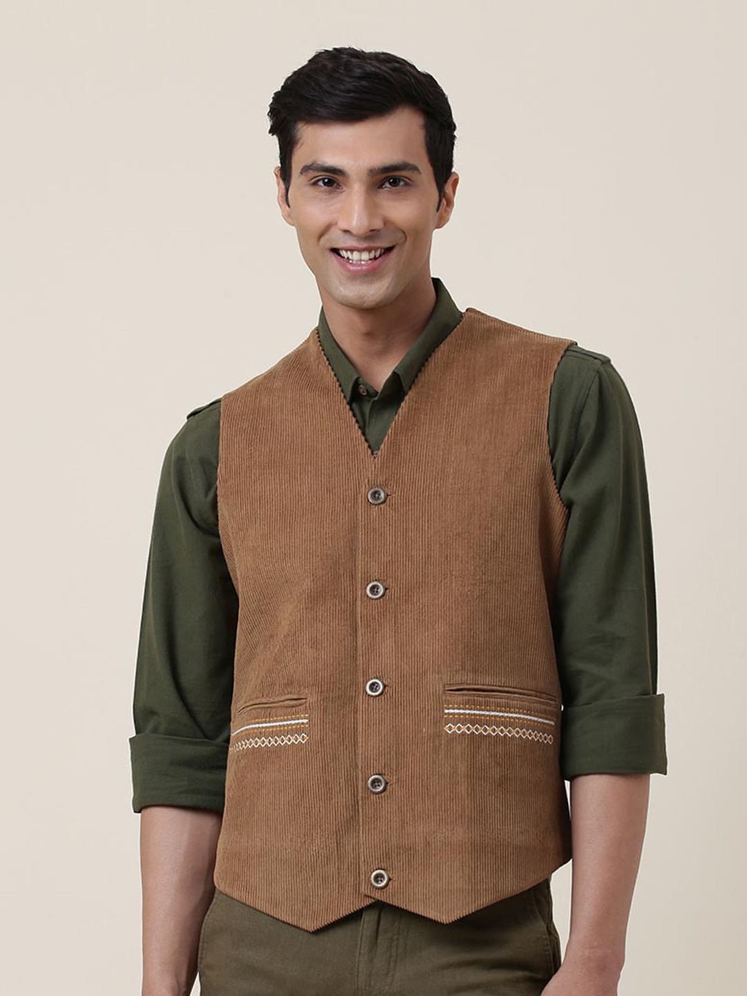 

Fabindia Men Cotton V-Neck Waistcoat, Brown