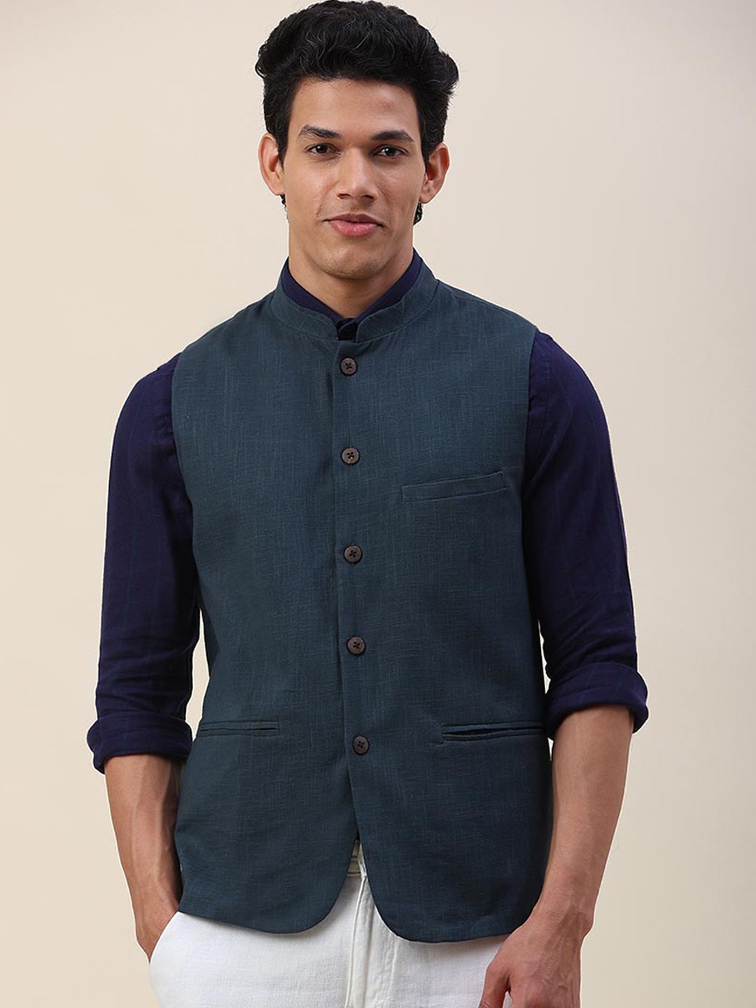 

Fabindia Men Woven Design Cotton Nehru Jackets, Green