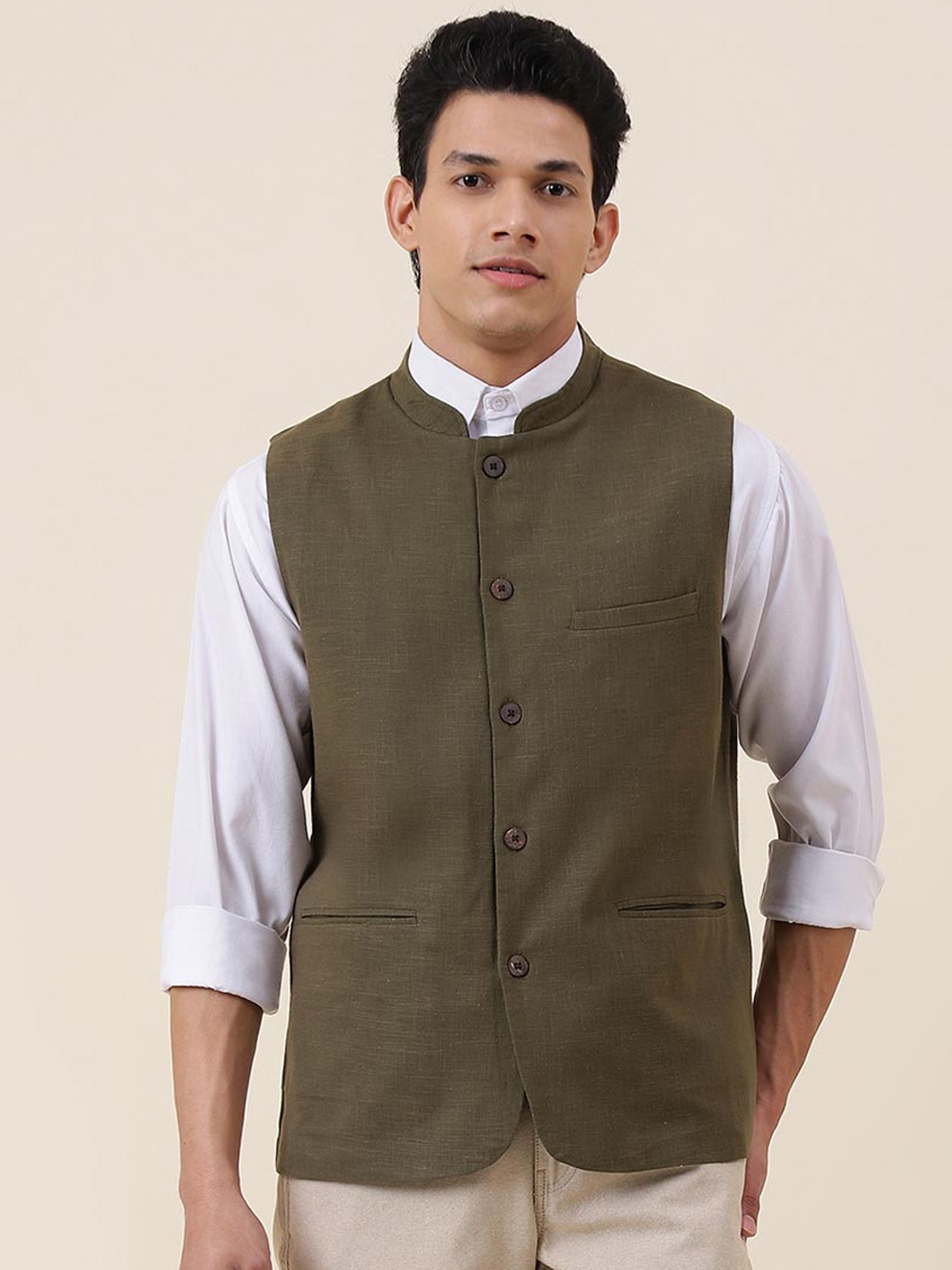 

Fabindia Men Mandarin Neck Cotton Nehru Jacket, Olive