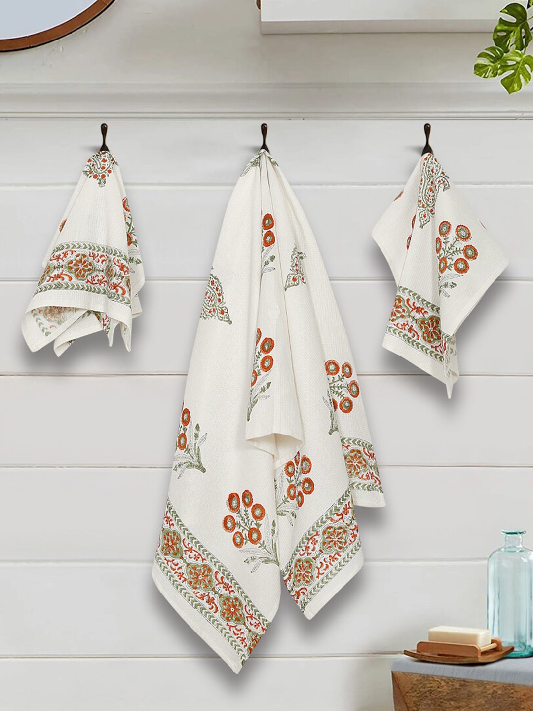

Rajasthan Decor Set of 3 Cream & Orange Printed Cotton 150 GSM Towels