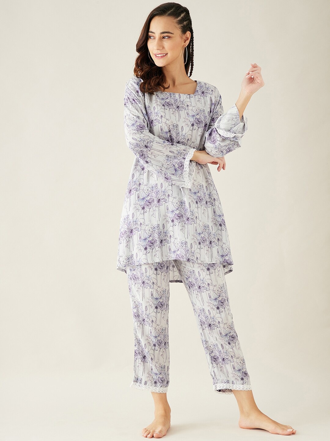 

The Kaftan Company Women Printed Night suit, White