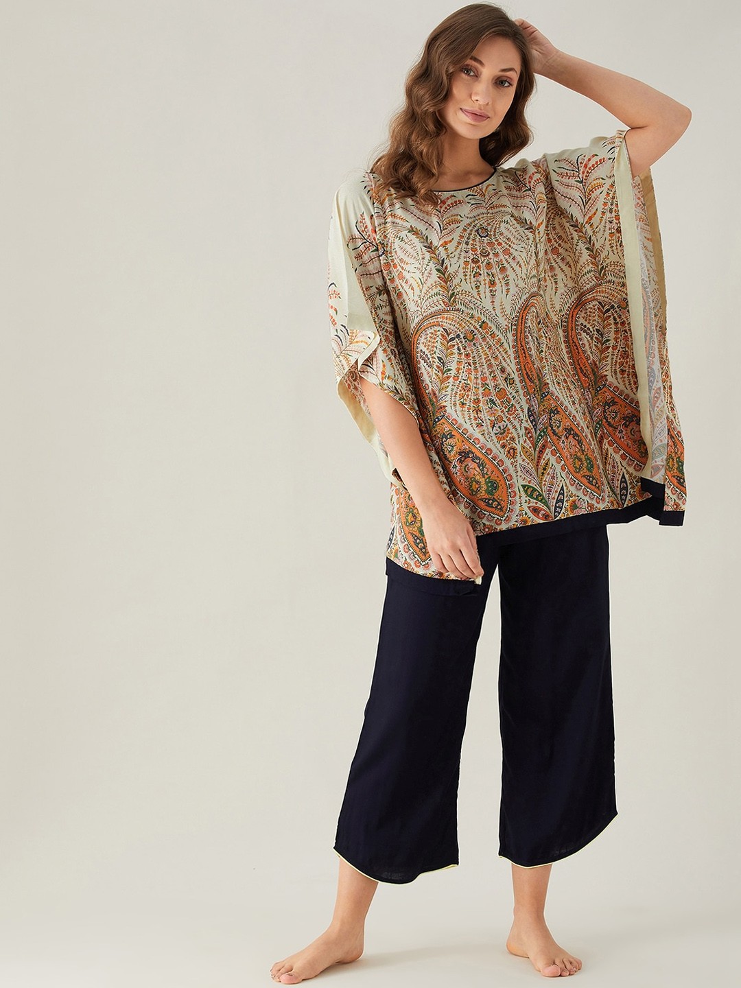 

The Kaftan Company Women Printed Night suit, Beige