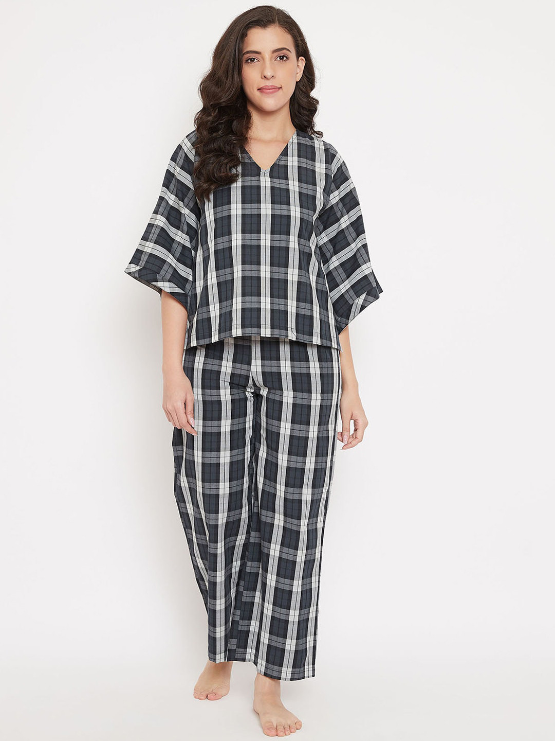 

The Kaftan Company Women Printed Pure Cotton Night suit, Black