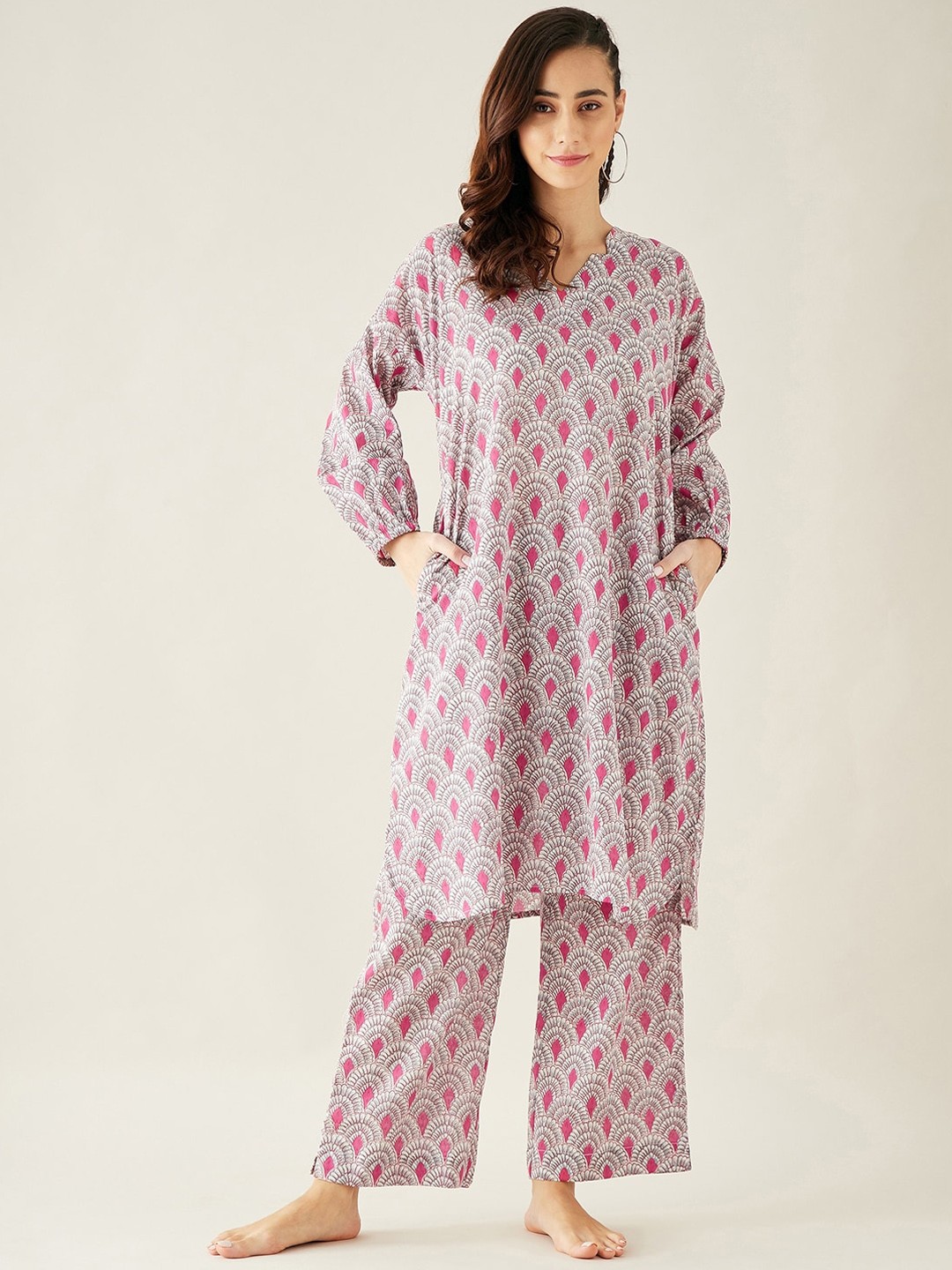

The Kaftan Company Women Printed Pure Cotton Night suit, Pink