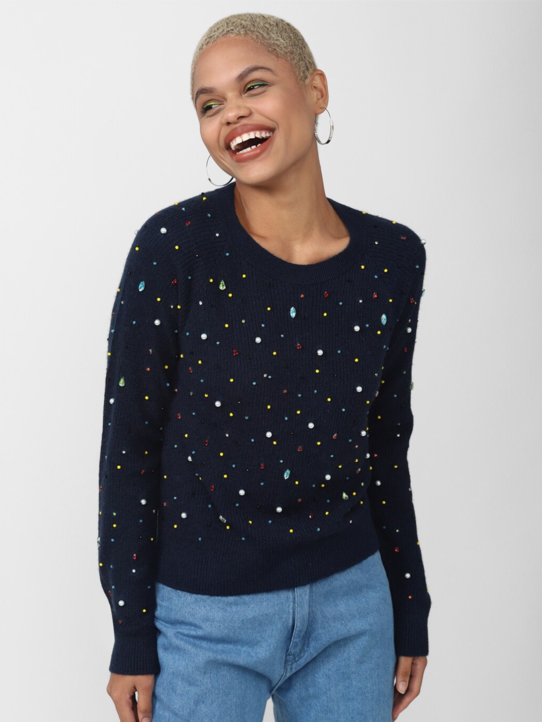 

FOREVER 21 Women Pullover with Embellished Detail, Blue