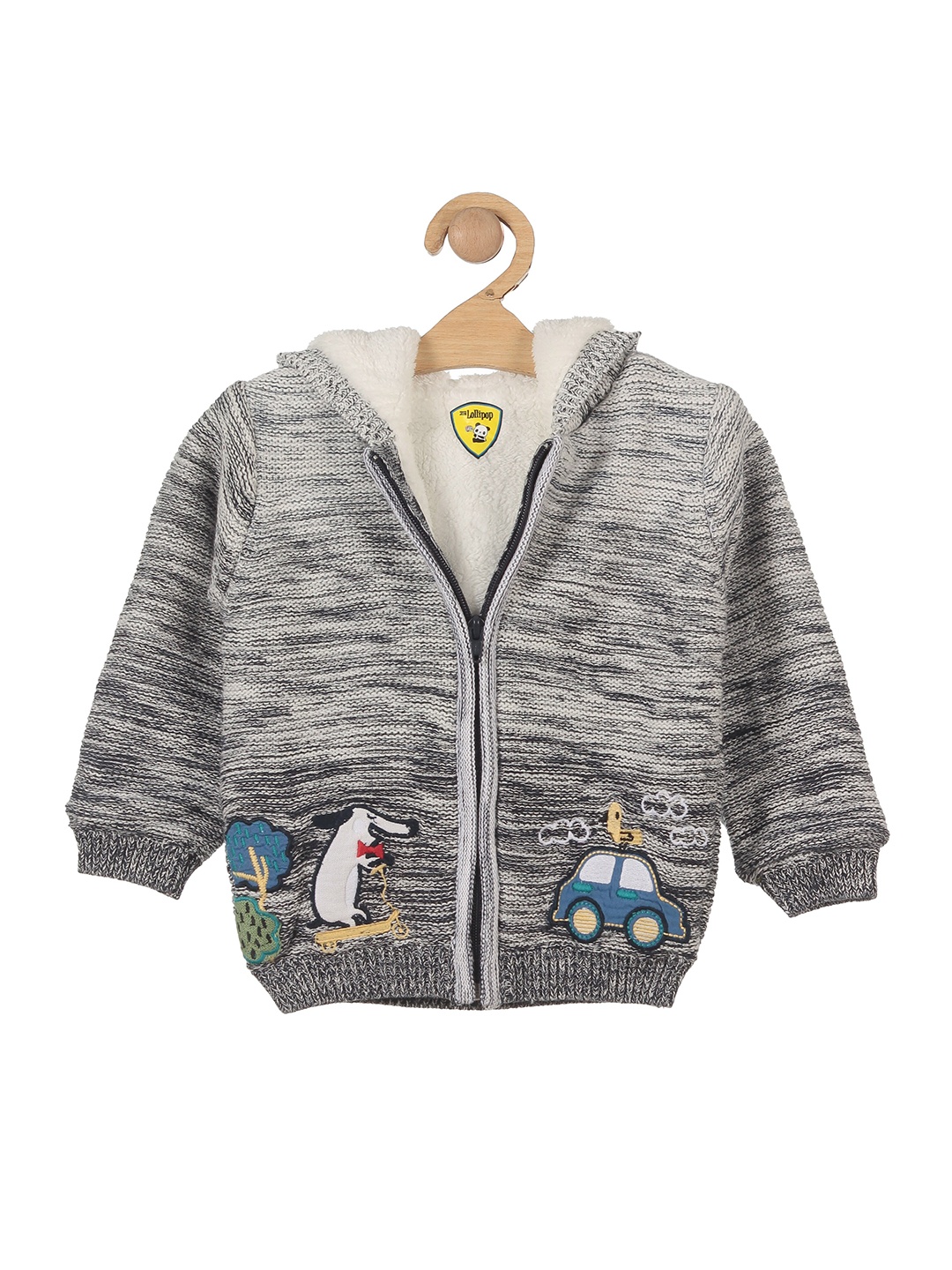 

Lil Lollipop Kids Hooded Printed Woolen Cardigan, Grey