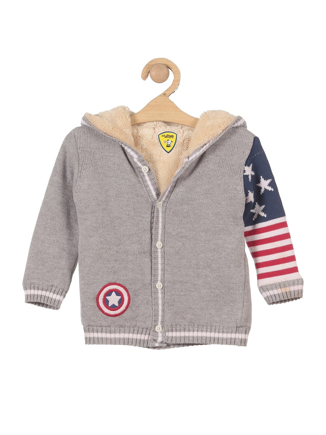 

Lil Lollipop Kids Striped Printed Cardigan with Fuzzy Detail, Grey