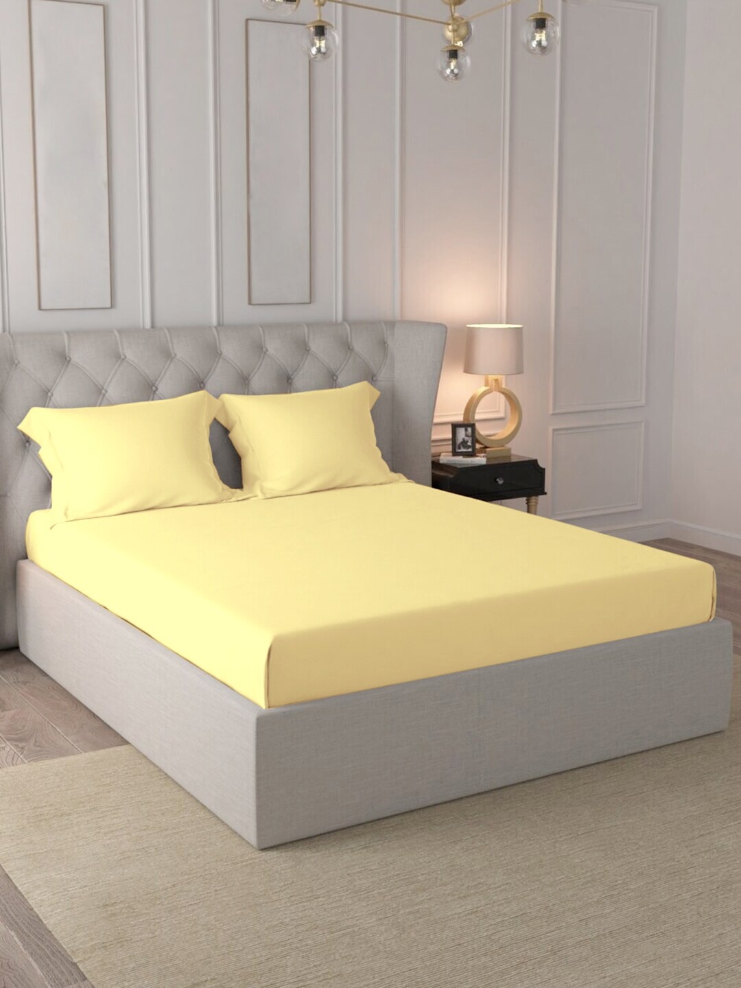 

PIZUNA LINENS Yellow Cotton 400 TC Super King Bedsheet With 2 Pillow Covers