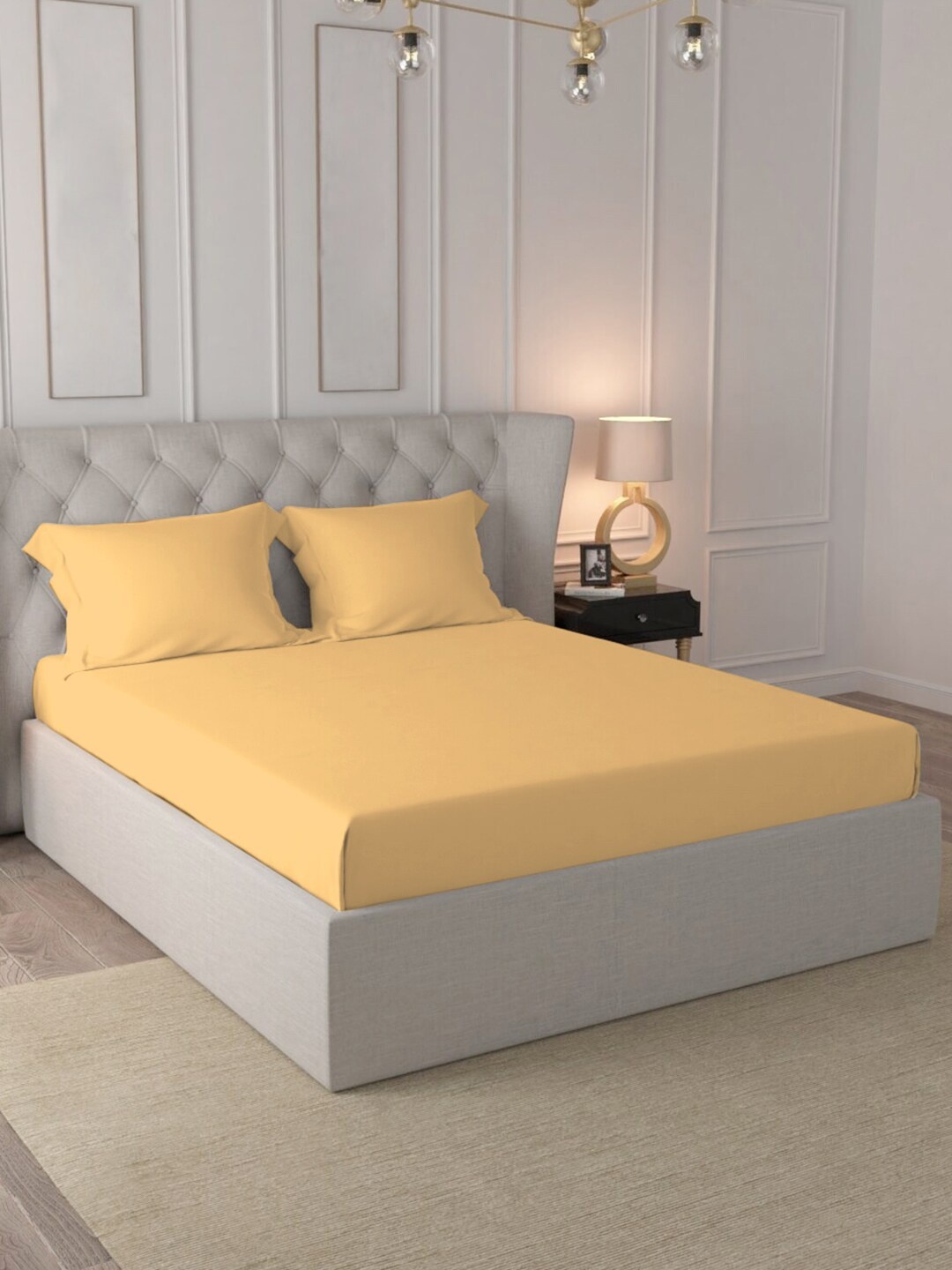 

PIZUNA LINENS Yellow Cotton 400 TC Super King Bedsheet With 2 Pillow Covers