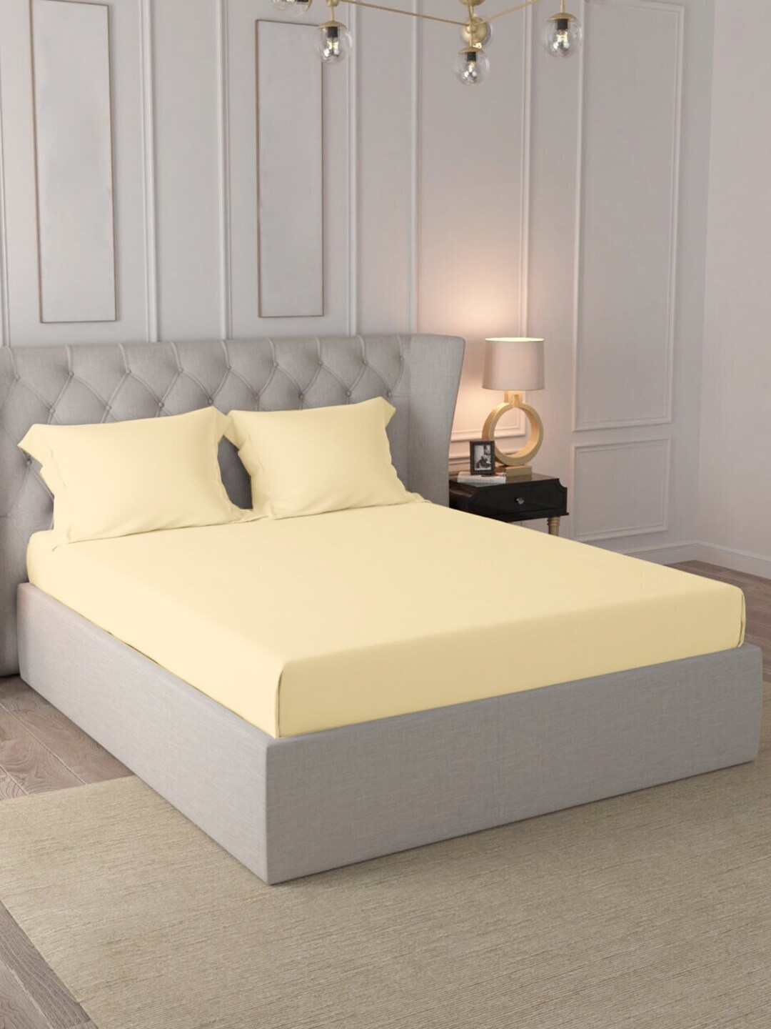 

PIZUNA LINENS Yellow Cotton 400 TC Super King Bedsheet With 2 Pillow Covers