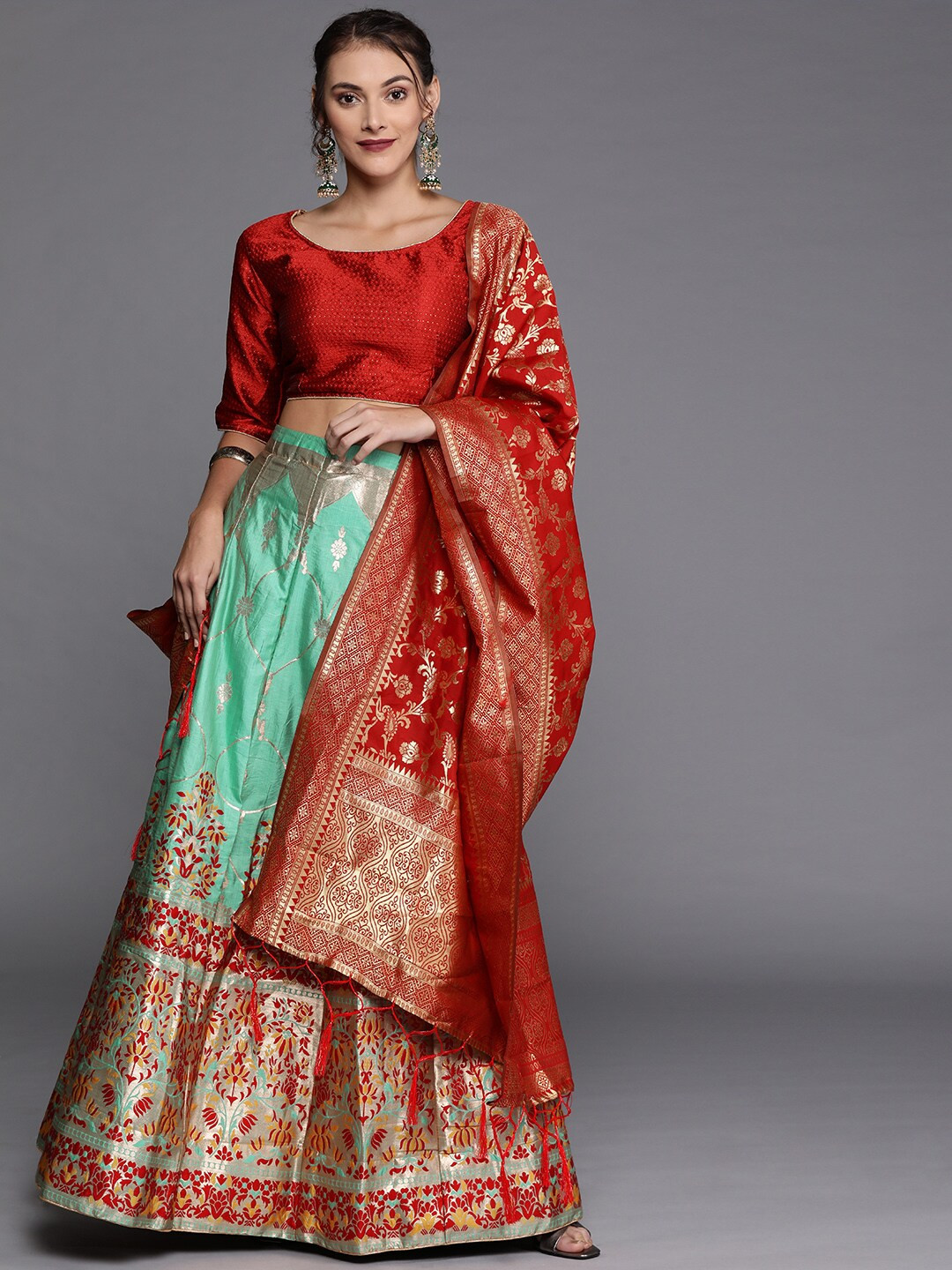 

Mitera Foil Print Semi-Stitched Lehenga & Unstitched Blouse Ready to Wear With Dupatta, Sea green