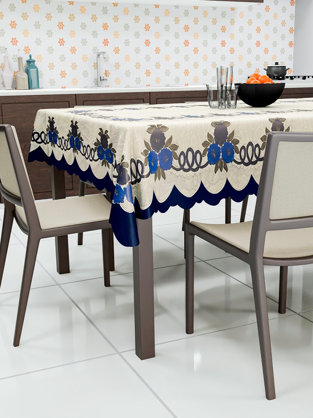 

Kuber Industries Cream-Colored & Blue Printed 6 Seater Cotton Waterproof Table Cover