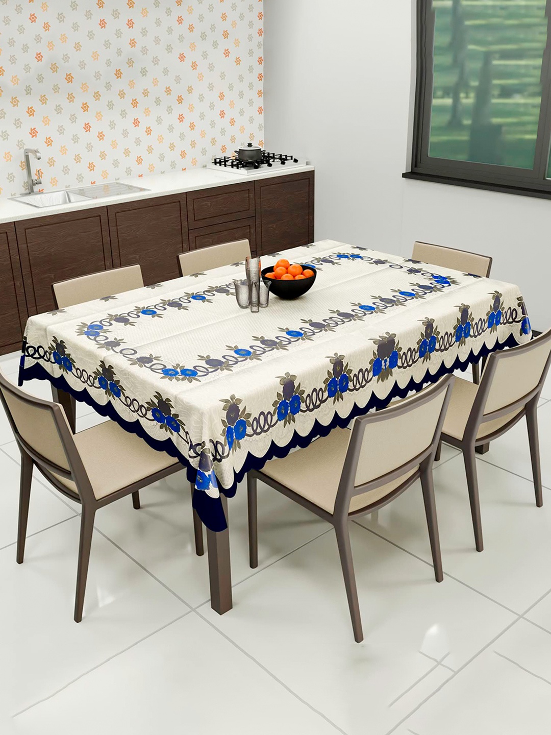 

Kuber Industries Cream-Colored & Blue Printed 6 Seater Cotton Waterproof Table Cover