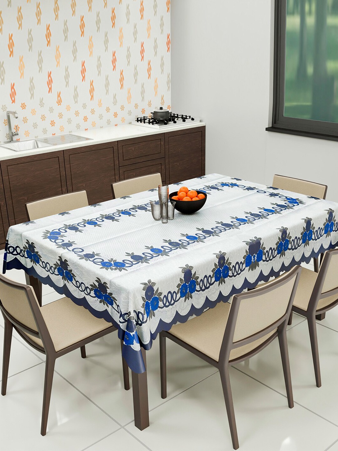 

Kuber Industries White & Blue Printed Rectangular Waterproof Cotton Table Cover