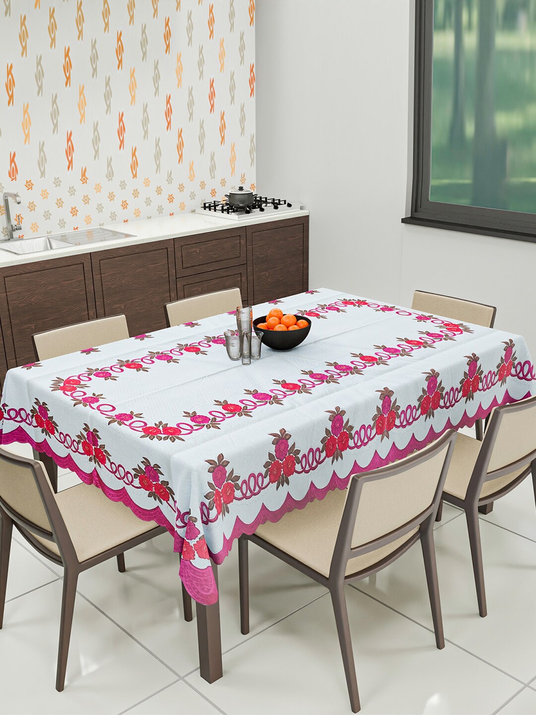 

Kuber Industries White & Pink Printed Waterproof Cotton Table Covers