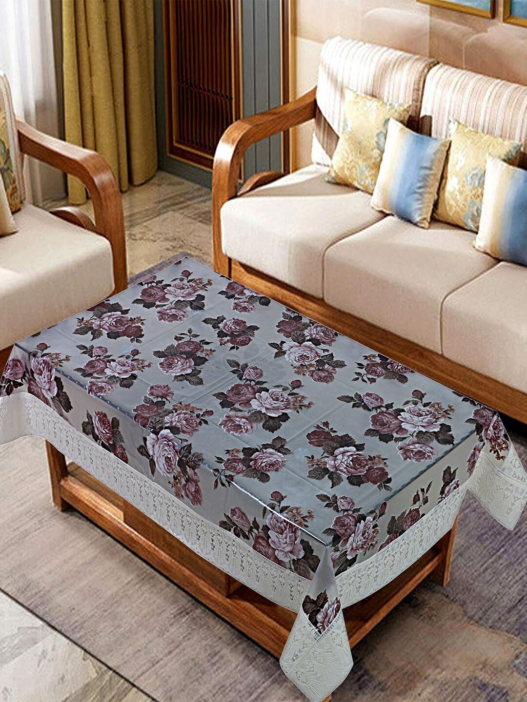 

Kuber Industries Grey & Pink Floral Printed Waterproof 4-Seater Rectangular Table Cover