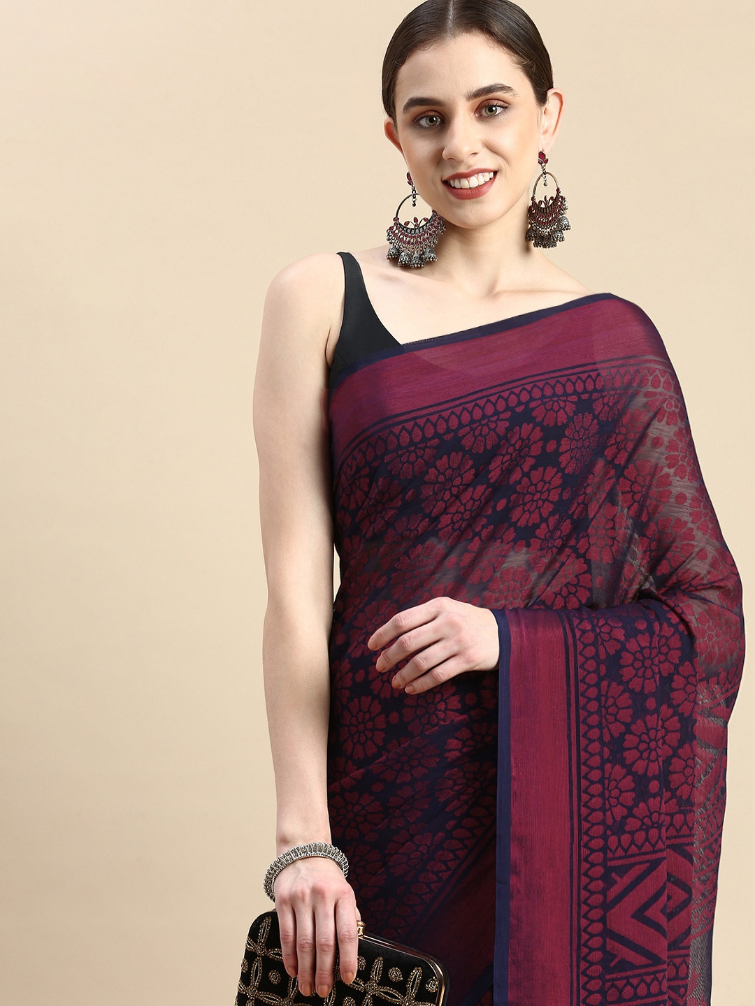 

Winza Designer Woven Design Ethnic Motifs Zari Brasso Banarasi Saree, Navy blue