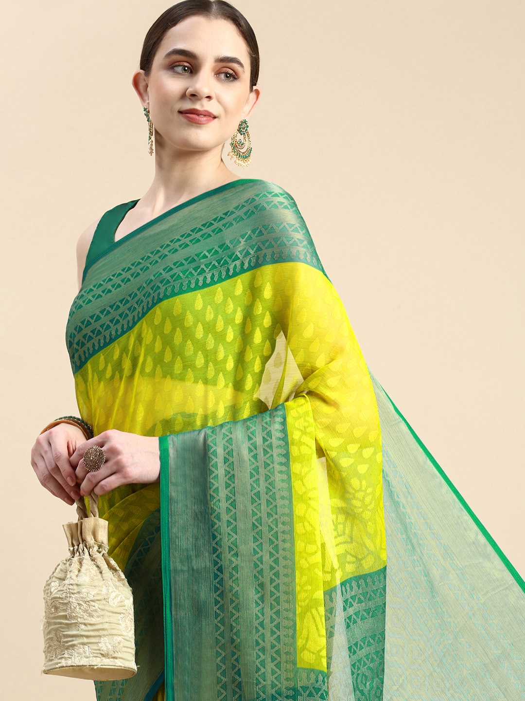 

Winza Designer Woven Design Ethnic Motifs Zari Brasso Banarasi Saree, Green