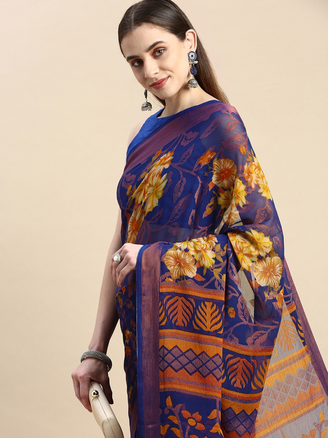 

Winza Designer Woven Design Floral Zari Brasso Banarasi Saree, Blue