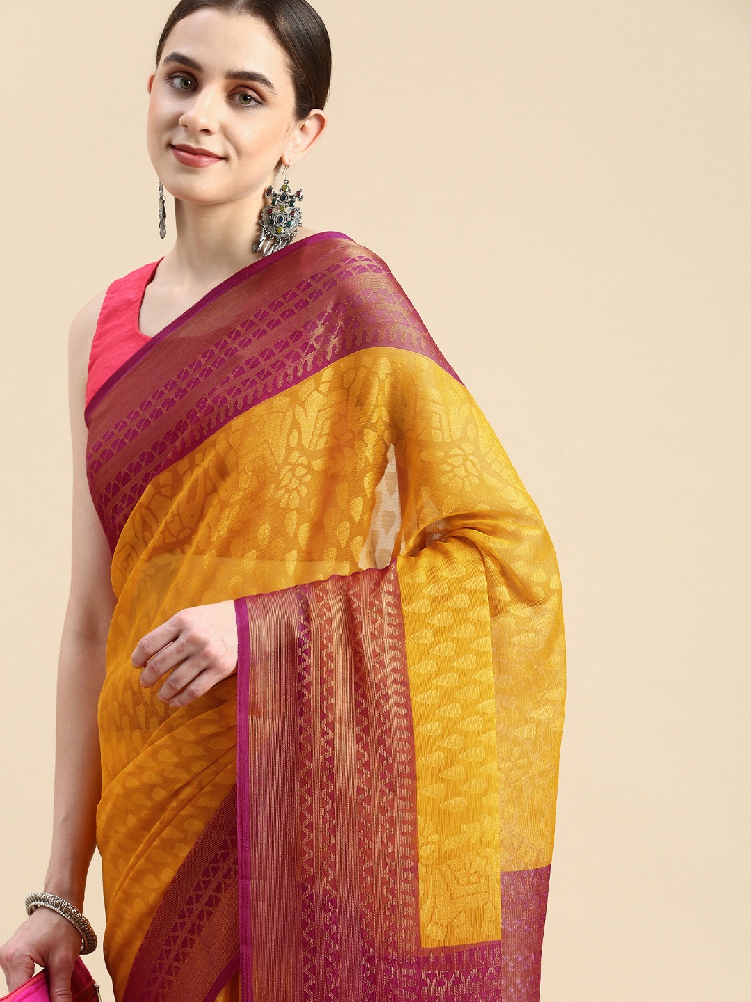 

Winza Designer Woven Design Ethnic Motifs Zari Brasso Banarasi Saree, Yellow