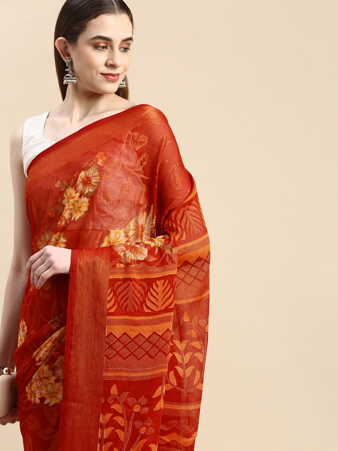 

Winza Designer Floral Zari Pure Chiffon Banarasi Saree, Red