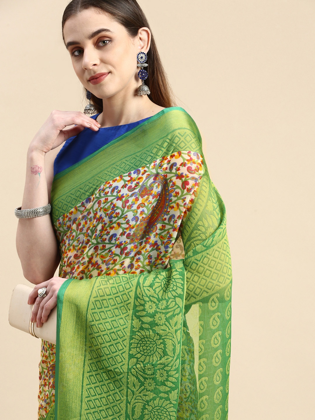 

Winza Designer Ethnic Motifs Zari Pure Chiffon Banarasi Saree, Green