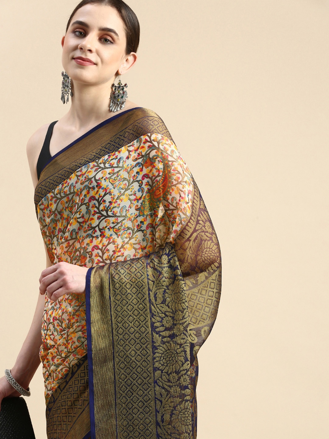 

Winza Designer Woven Design Ethnic Motifs Zari Brasso Banarasi Saree, Navy blue