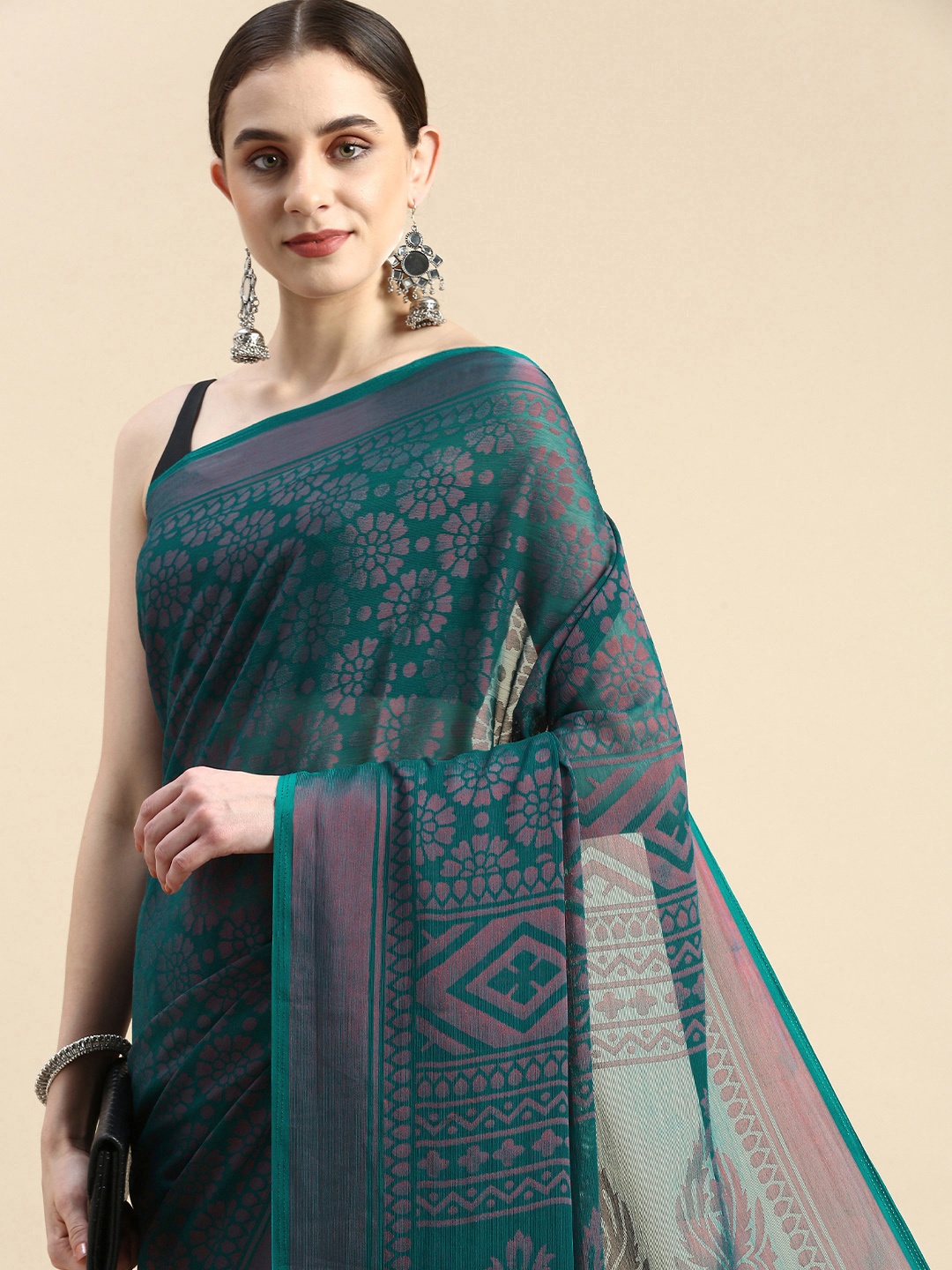 

Winza Designer Floral Zari Pure Chiffon Banarasi Saree, Teal