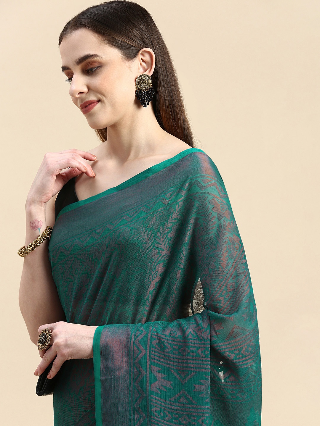 

Winza Designer Woven Design Ethnic Motifs Zari Brasso Banarasi Saree, Teal