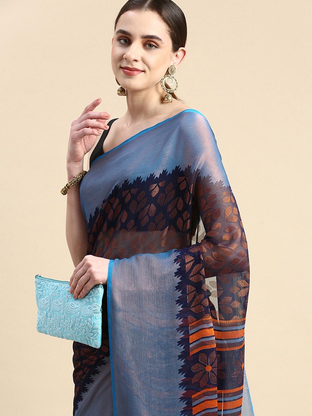 

Winza Designer Woven Design Ethnic Motifs Zari Brasso Banarasi Saree, Navy blue