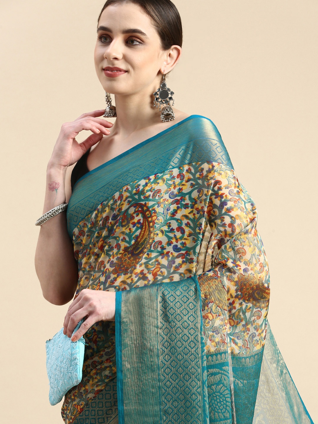 

Winza Designer Woven Design Ethnic Motifs Zari Brasso Banarasi Saree, Teal