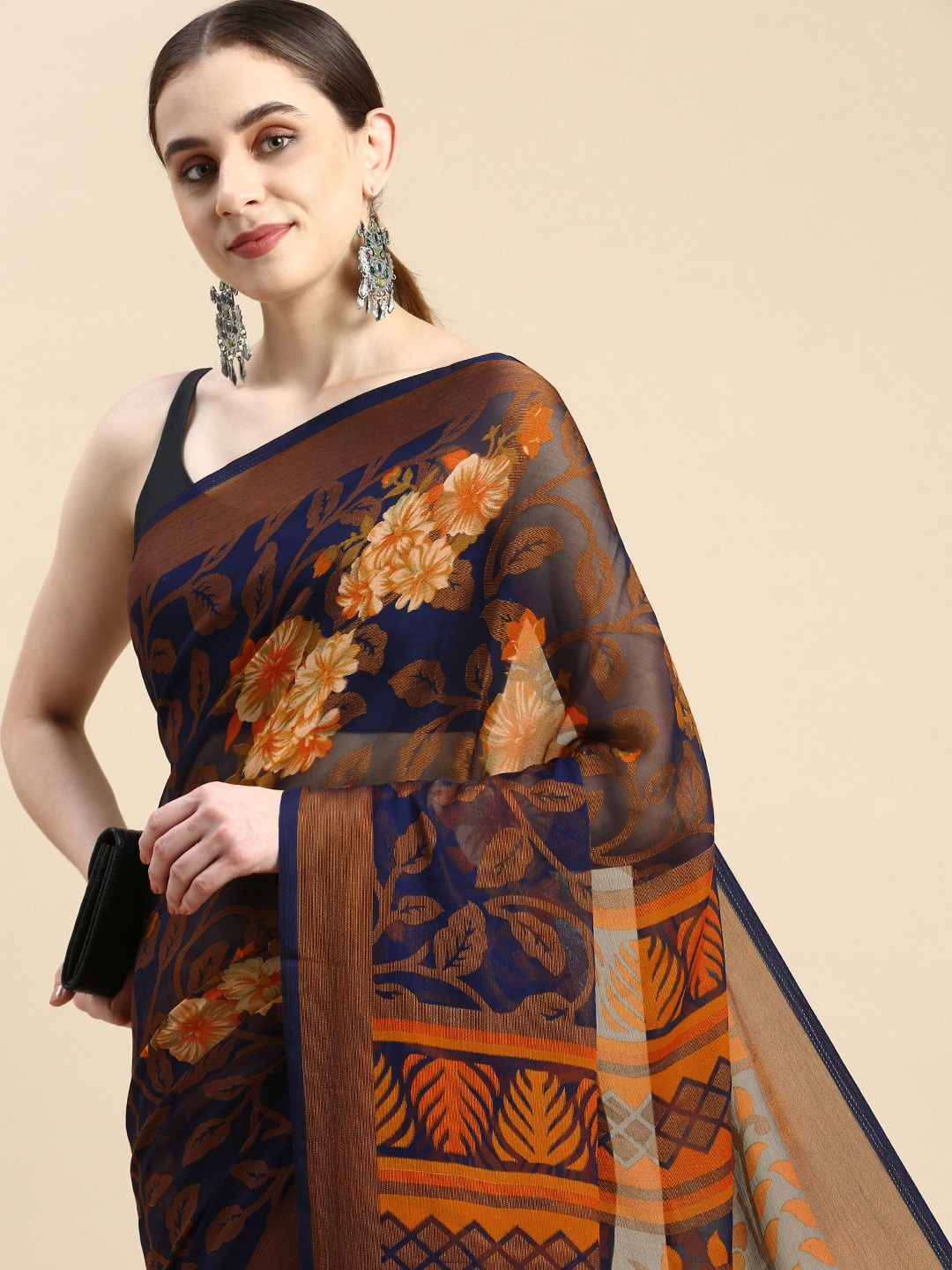 

Winza Designer Floral Zari Pure Chiffon Banarasi Saree, Navy blue