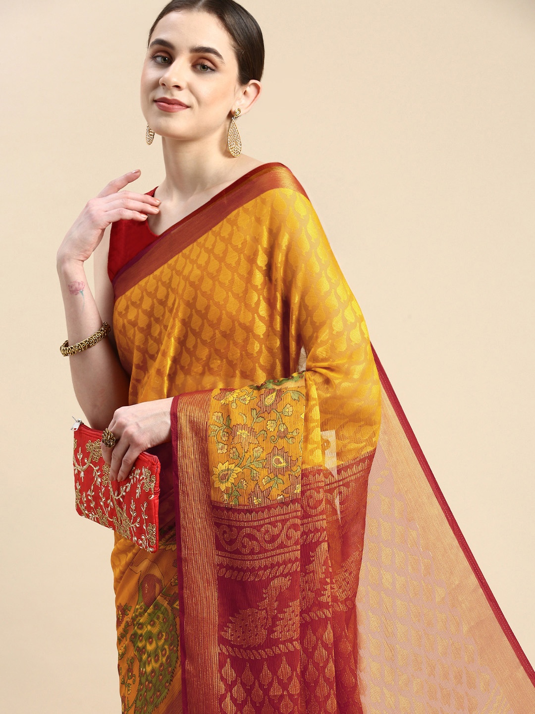 

Winza Designer Woven Design Ethnic Motifs Zari Brasso Banarasi Saree, Yellow