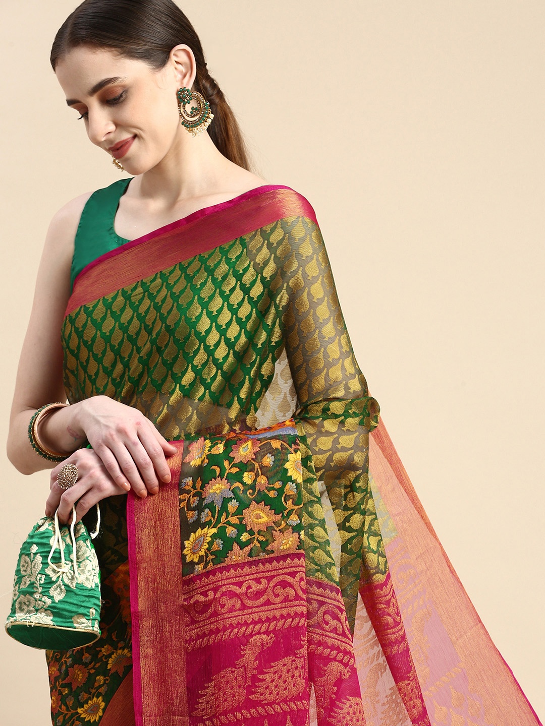 

Winza Designer Woven Design Zari Pure Chiffon Banarasi Saree, Green