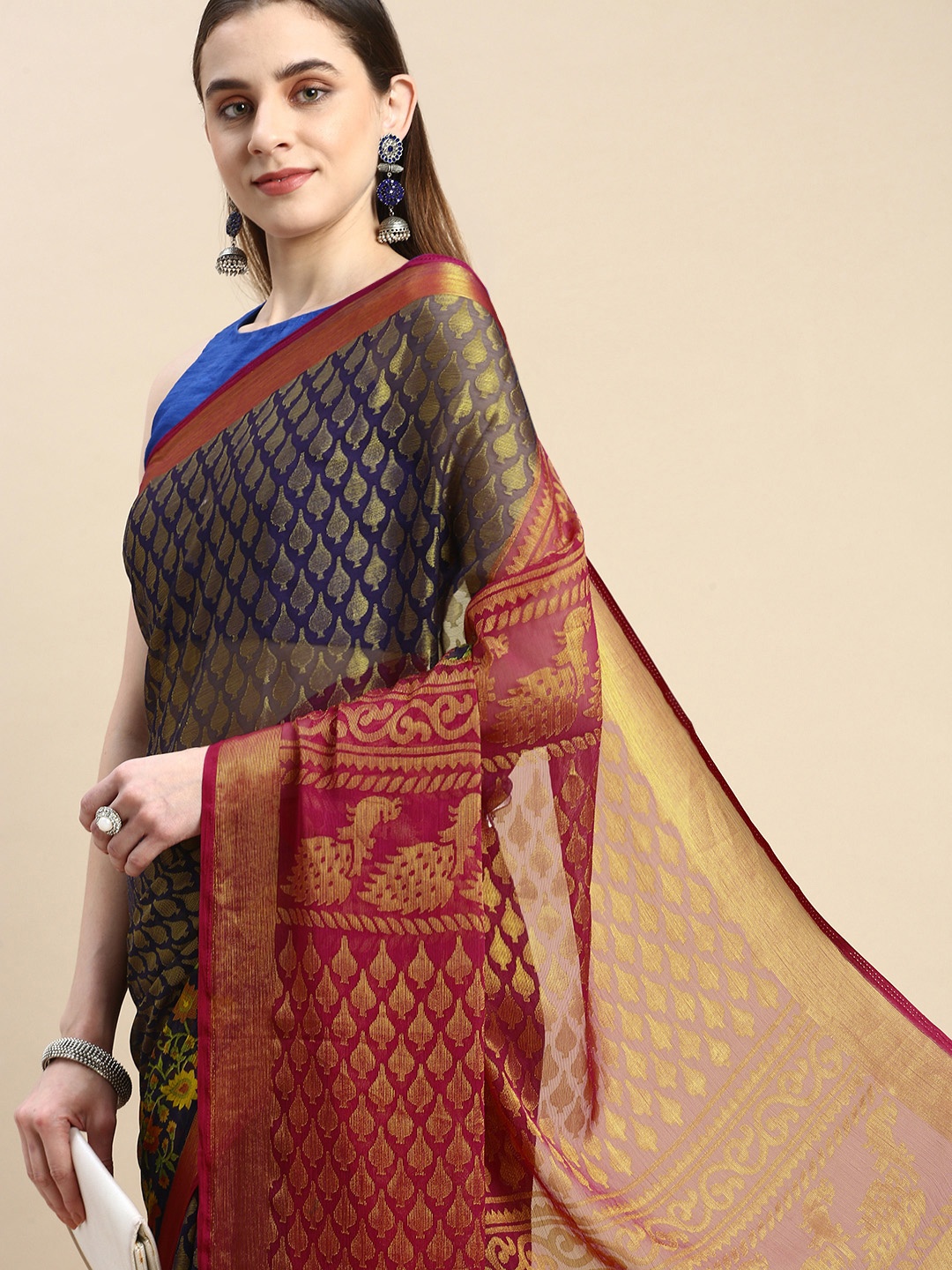 

Winza Designer Woven Design Zari Pure Chiffon Banarasi Saree, Navy blue