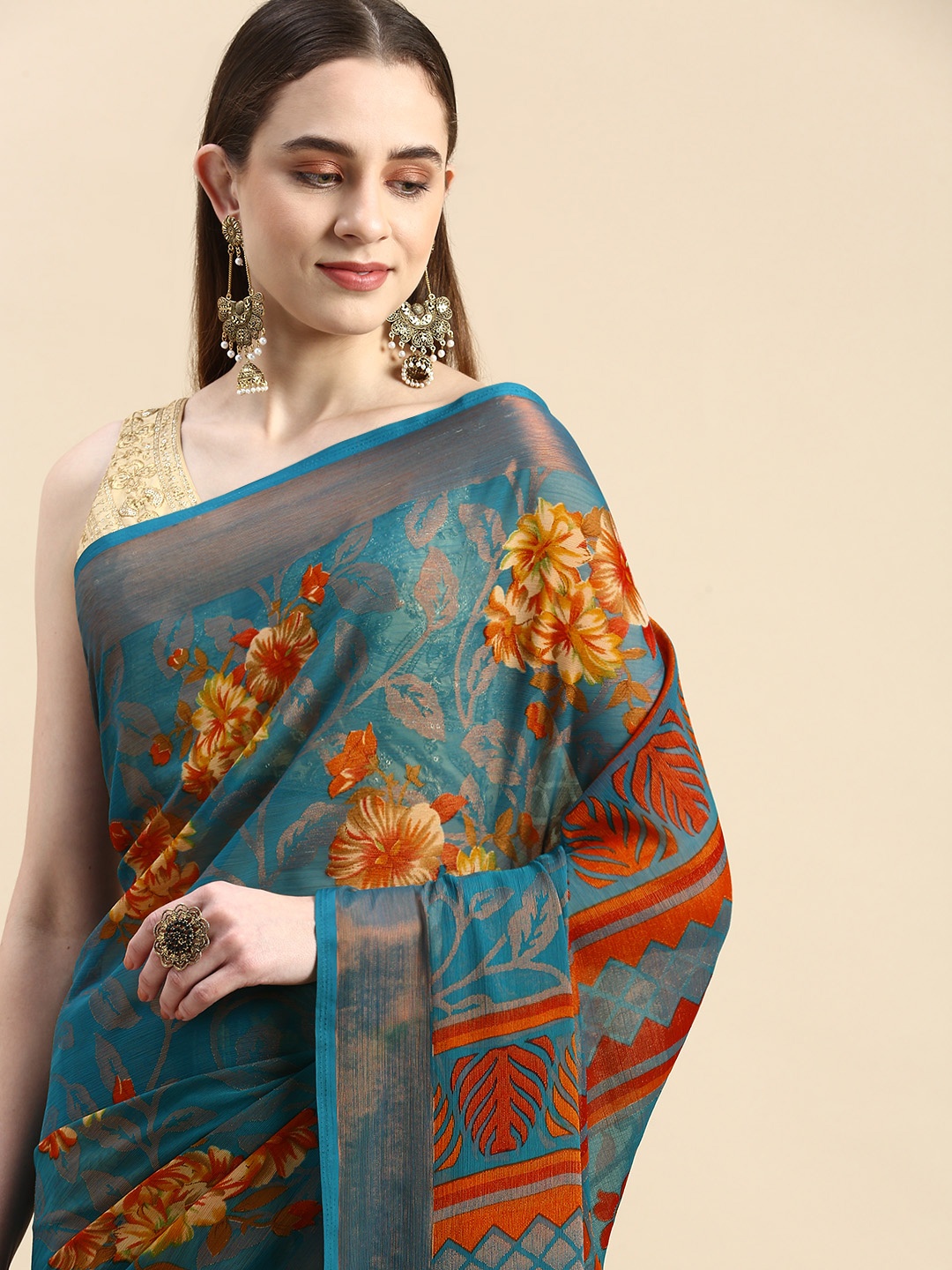 

Winza Designer Floral Zari Pure Chiffon Banarasi Saree, Teal