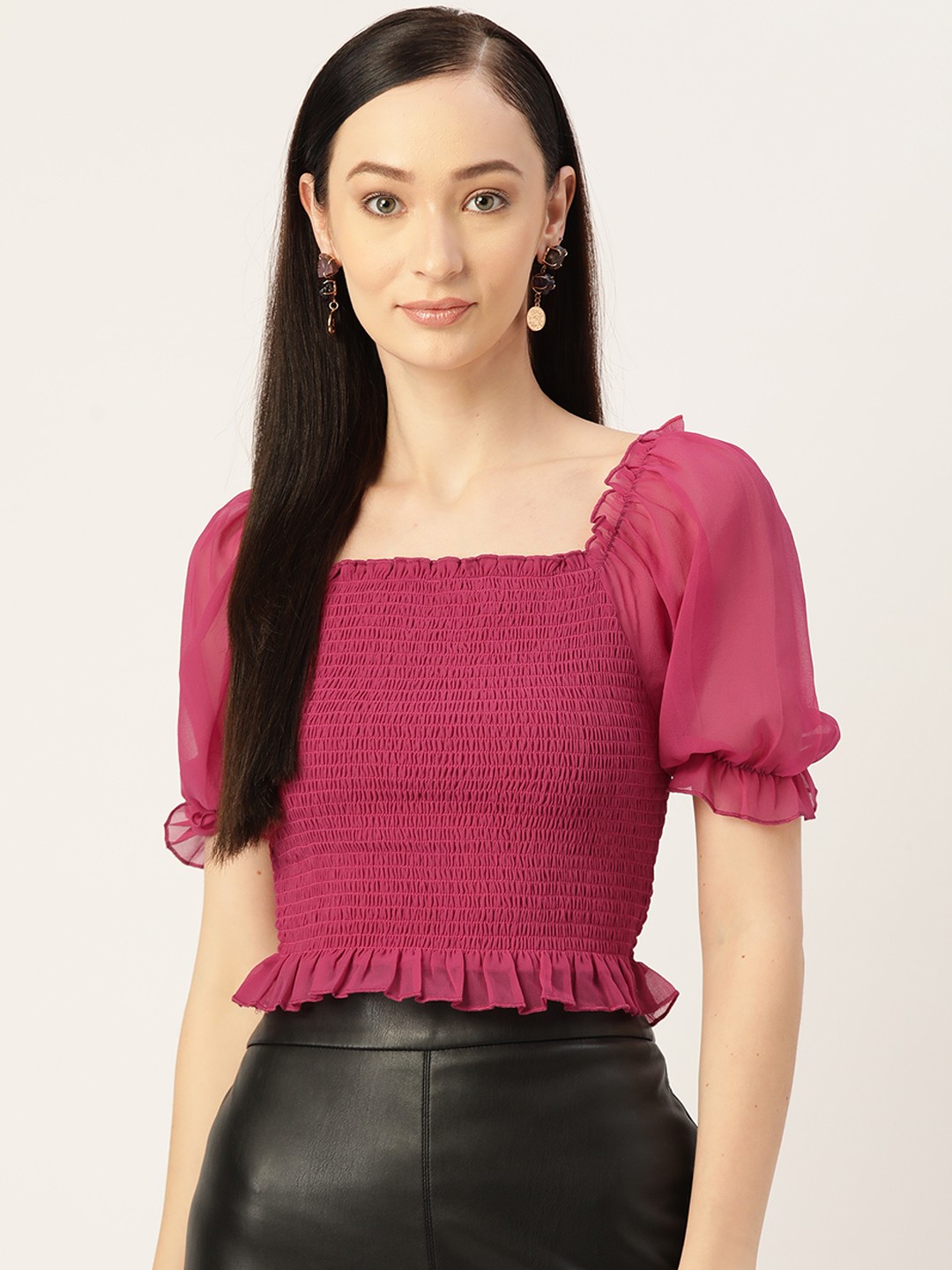 

Slenor Smocked Georgette Crop Top, Pink